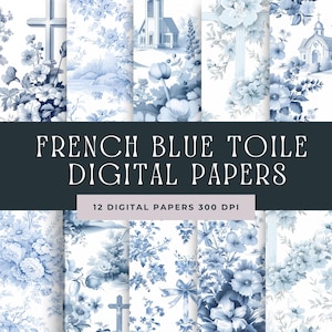 Französisch Blau Floral Toile De Jouy Digital Papier, Chinoiserie Hintergründe für Hochzeit, Toile De Jouy Muster für die Taufe, religiös