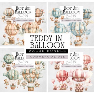 Ours et montgolfière | PACKAGE | Graphismes vert sauge, peluches roses, bleues et neutres aquarelles dans des ballons png, baby shower