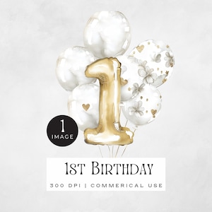 Anniversaire numéro 1 png, clipart or 1er anniversaire fille ou garçon | IMAGE UNIQUE | Graphismes d'invitation à une première fête avec des ballons, un an