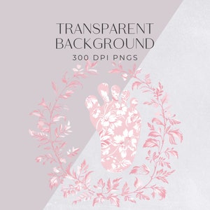 May include: A pink floral design in the shape of a footprint surrounded by a wreath of pink floral branches. The background is a light grey with a white gradient.