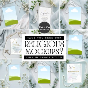 May include: A collage of mockups for religious invitations. The mockups feature a variety of designs, including a first holy communion invitation, a confirmation invitation, and a baptism invitation. The invitations are displayed on a light blue background with white flowers and pearls.