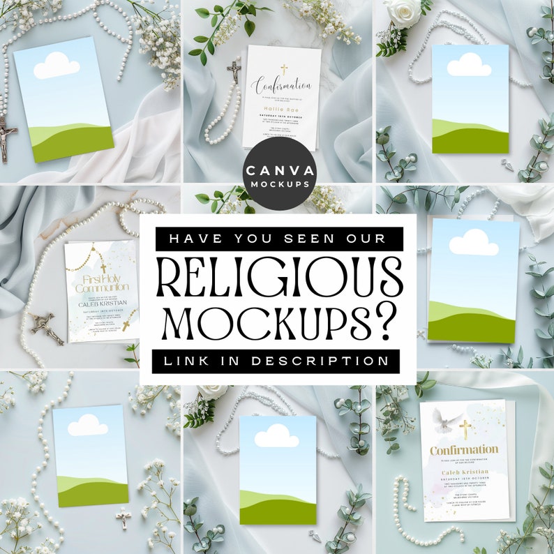 May include: A collage of mockups for religious invitations. The mockups feature a variety of designs, including a first holy communion invitation, a confirmation invitation, and a baptism invitation. The invitations are displayed on a light blue background with white flowers and pearls.