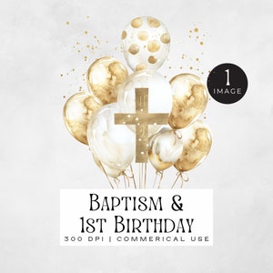 Taufe 1. Geburtstag Clipart | EINZEL | Gold Weiß Neutral, Aquarell Ballons & Kreuz Png, religiöse Grafiken, Jungen Taufgrafiken,