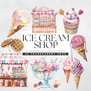 Clipart gelateria, clipart estiva ad acquerello, coni gelato, dessert png, invito a una festa, grafica del menu, illustrazioni stampabili per bambini