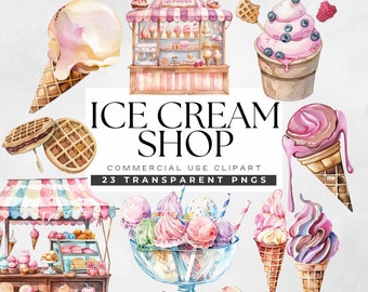 Ice Cream Shop Clipart, Watercolor Summer Clip Art, Icecream Cones, Dessert png, Party Invite, Menu Graphics, Kids Printable Illustrations