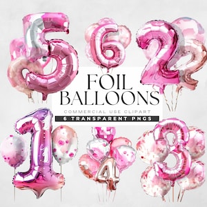 Clipart de balão de número, clipart de balões de folha rosa, 1, 2, 3, 4, 5, 6 números pngs, gráficos de festa de feliz aniversário, cartões e convites