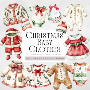 Clipart de roupas de bebê de Natal, Primeiro Natal do bebê png, Gráficos festivos de chá de bebê, Roupa de Papai Noel em aquarela, Menino ou menina, Cartões