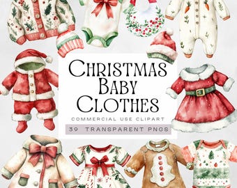 May include: A set of 39 watercolor illustrations of Christmas baby clothes. The illustrations include a variety of clothing items, such as onesies, dresses, sweaters, and hats. The clothes are decorated with festive Christmas designs, such as snowflakes, reindeer, and Santa Claus.