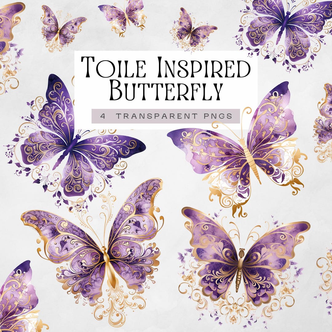 Purple and Gold Butterflies Clipart, Toile Watercolor Butterfly ...