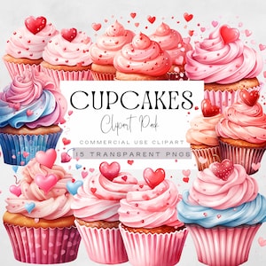 Imágenes prediseñadas de cupcake de fresa, clip art de postres, dulces gráficos de cupcakes del día de San Valentín, ilustración de pasteles de cumpleaños arco iris lindo acuarela
