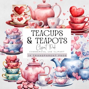Clipart di tazze da tè ad acquerello, ClipArt di teiera vintage, Invito alla festa pomeridiana, Illustrazione dell'ora del tè, Grafica di cuori d'amore rosa di San Valentino