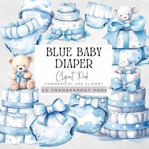 Clipart couches bébé, clipart bleu aquarelle baby shower, graphismes pour gâteaux de couches, illustration pour nouveau-nés, couches pour garçons, tombola