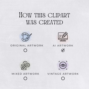 May include: A graphic showing how clipart is created. The options are original artwork, AI artwork, mixed artwork, and vintage artwork. AI artwork is selected.