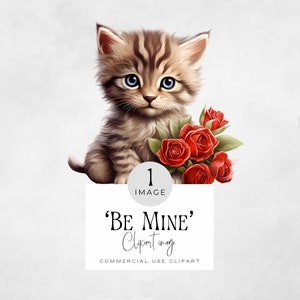 Imágenes Prediseñadas de gato de San Valentín, Clip Art de animales del bosque / IMAGEN ÚNICA / Linda imagen de gatito de acuarela, ramo de rosas rojas, gráficos de letras, amor
