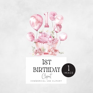 Aniversário número 1 png, rosa primeiro aniversário menina clipart | IMAGEM ÚNICA | Gráficos de convite para primeira festa de meninas com balões, um ano de idade