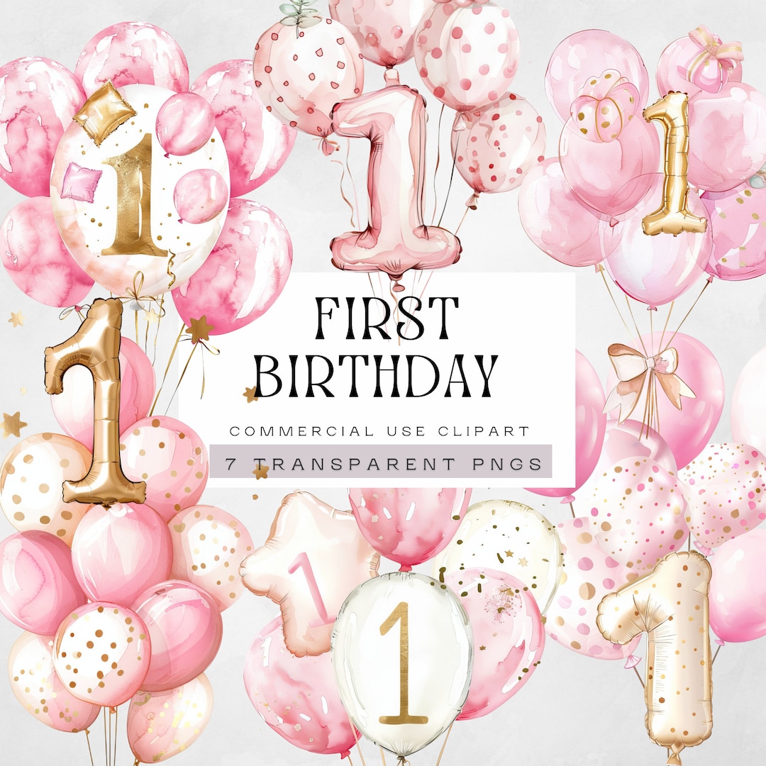 Birthday Number 1 Png, Pink 1st Birthday Balloons Girl Clipart, Girls