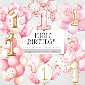 Geburtstagszahl 1 png, Rosa 1. Geburtstag Luftballons Mädchen Clipart, Mädchen erste Party Einladung Grafiken, ein Jahr alt, mein erster Geburtstag