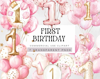 Birthday Number 1 png, Pink 1st Birthday Balloons Girl Clipart, Girls First Party Invitation Graphics, One Year Old, My first Birthday