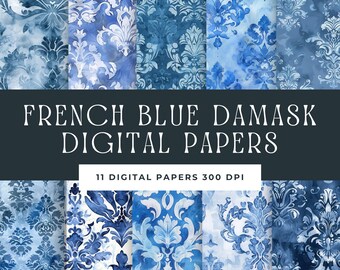 French Blue Damask Digital Paper, Navy Shabby Chic Watercolour Seemless Pattern, Floral Background, Printable Scrapbook Paper, Junk Journal