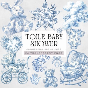 Toile baby shower clipart, blauwe chinoiserie pngs, aquarel baby onderweg graphics, Franse blauwe bloemen kwekerij toile de jouy-illustraties