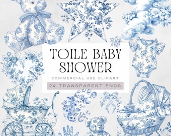 Toile Baby Shower Clipart, Blue Chinoiserie Pngs, Watercolor Baby on the Way Graphics, French Blue Floral Nursery Toile De Jouy Clip Art