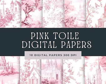 Pink Toile Digital Paper, Vintage Chinoierie Toile Prints, Wedding Toile De Jouy Seemless Patterns, Church & Crosses for Baptism, Religious