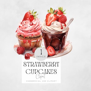 Cupcakes de fresa / IMAGEN ÚNICA / Cupcake de fresas en acuarela png, Ilustraciones de postres, Gráficos de alimentos, Clip Art de panadería, Helado