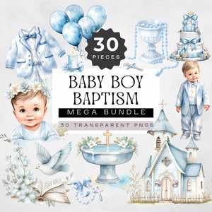 Clipart de bautismo de niño bebé, MEGA BUNDLE, Clip Art religioso, gráficos de bautizo, ilustraciones católicas, pngs cristianos de acuarela azul