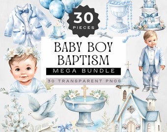 Baby Boy Baptism Clipart,  MEGA BUNDLE, Religious Clip Art, Christening Graphics, Catholic Illustrations, Blue Watercolor Christian pngs