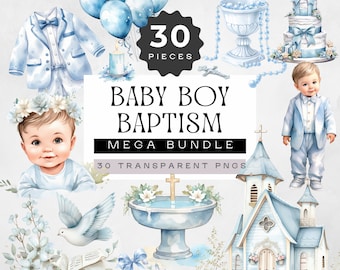 Baby Boy Baptism Clipart,  MEGA BUNDLE, Religious Clip Art, Christening Graphics, Catholic Illustrations, Blue Watercolor Christian pngs