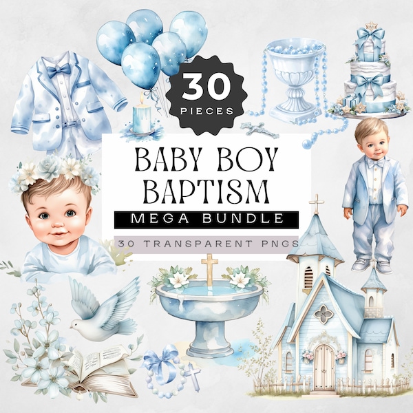 Baby Boy Baptism Clipart,  MEGA BUNDLE, Religious Clip Art, Christening Graphics, Catholic Illustrations, Blue Watercolor Christian pngs