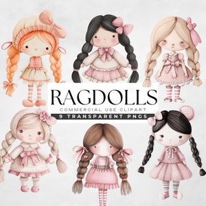 Rag Doll Clipart, Raggedy Dolls Acuarela png, Gráficos de personajes lindos, Diario basura, Manualidades con papel, Ilustraciones infantiles, Scrapbooking