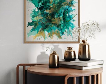 Green Light – Abstract acrylic painting on canvas | 40×40 cm | Structure, mixed media, green & gold | Modern wall art original
