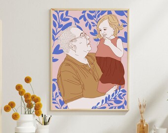 Generational bond portrait, custom digital line art from photo, printable family gift for grandparents or parents, personalized wall print