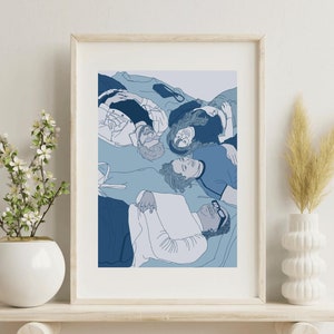 Aangepast digitaal portret van vrienden, blauwe tinten lijntekeningen, gepersonaliseerde groepsillustratie