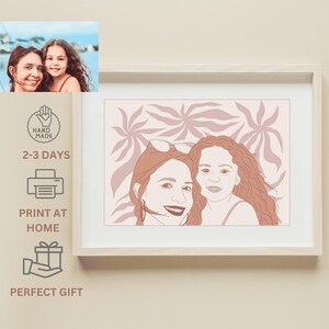 Mutter und Tochter Porträt Illustration - Individuelle Mutter und Tochter Pastell Rosa Illustration, Sentimentales personalisiertes Geschenk für Mütter