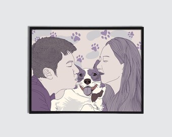 Dog and Owners Art Custom Digital Portrait Personalized Sketch from photo Cartoon Simple Line Draw Illustration Gift for Lovely Dog Owner