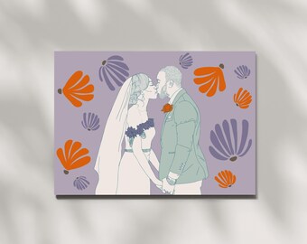 Custom Wedding Portrait, Elegant Floral Couple Art in Purple & Orange Background, Personalized Gift for Newlyweds