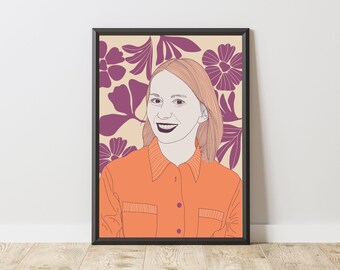 Custom Girl Portrait – Vibrant Digital Artwork, Floral Background, Personalized Female Illustration, Colorful Wall Art, Unique Gift for Her