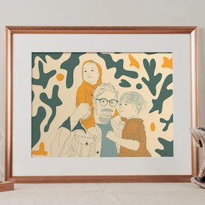 Digitaal familieportret op maat Unieke schets van vader en kind van foto Gepersonaliseerde kleurrijk gekleurde cartoonillustratie Eenvoudige lijntekeningen