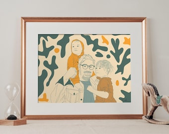 Digital Family Custom Portrait Unique Dad and Kids Sketch from photo Personalized Colorful Colored Cartoon Illustration Simple Line draw Art