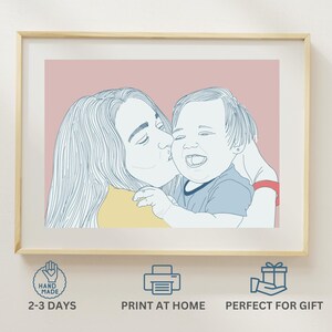Mama und Sohn Zeichnung - Benutzerdefiniertes Mom Porträt, minimalistische Soft Pastel Line Art, personalisierte Familienskizze, Sentimentales Geschenk für neue Mütter & Baby