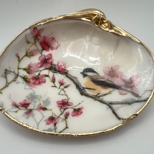 Chickadee Bird with Cherry Blossoms Decoupage Shell