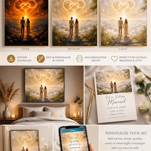 May include: An advertisement for "Eternal Love Print" wall art, featuring three variations of a couple standing before an infinity heart. Includes a wedding invitation and a phone displaying art with the text "You are my today and all of my tomorrows."