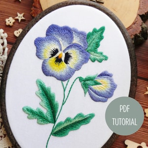 Pansy embroidery pattern, hand embroidery beginner tutorial, thread painting embroidery technique, instant download file in English