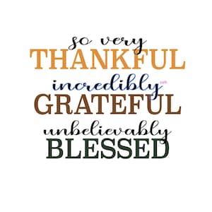 May include: A graphic design with the text "so very THANKFUL incredibly GRATEFUL unbelievably BLESSED". The text is in black with different colored backgrounds for each word.