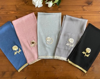 Chiffon scarf | Lightweight elegant summer scarf | Scarf with handmade gold and silver floral embroidery