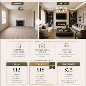 May include: An advertisement for home design previews. The image shows a before-and-after comparison of a living room, along with package options and a step-by-step guide. The text reads "See Your Home Transformed."