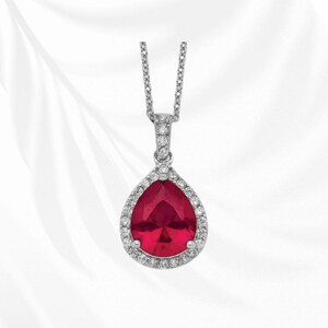 Sterling Silver Ruby and White CZ Teardrop Halo Necklace