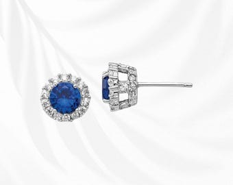 Sterling Silver Dark Blue Spinel and White CZ Round Halo Post Earrings